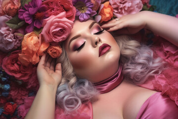 Sexy beautiful plus size model portrait with a blonde hairstyle of flowers on floral background, fat girl with a chubby face and makeup, AI Generated