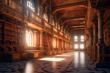 Naklejka na ściany i meble Royal library, cinematic, volumetric light, no people, empty space. Made with Generative AI