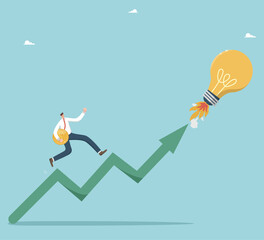 Growth of investment profits, income from innovations or new ideas, innovative attractiveness of projects, the investment of funds, a man runs with a coin along the growing arrow on light bulb-rocket.