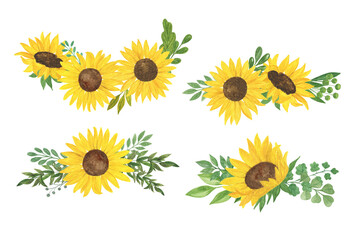 Sunflowers and leaves bouquet watercolor hand drawn floral illustration, summer field agricultural plant, flower and leaf, arrangement for greeting card, wedding invitations, holiday design