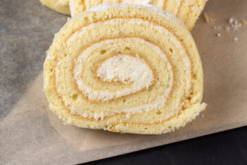 sweet dessert with cottage cheese cream and soft sponge cake