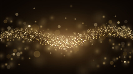 Gold Particles, Blurred Flow Wave Background. Vector Illustration