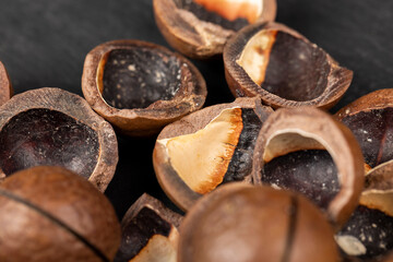 A bunch of ripe macadamia nuts in a hard shell