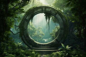 Ancient portal in the middle of the forest, generative ai