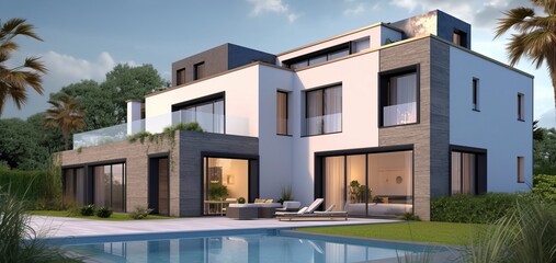 Fototapeta na wymiar Amazing modern luxury home with garden and pool, generative ai