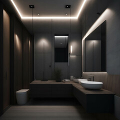 Naklejka na ściany i meble Modern Simple Style Dark Neutral Color Bathroom Small Spaces Inside Room Led Strip Lights Big Mirror Generative Ai