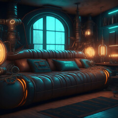 Obraz na płótnie Canvas Steampunk Dark Futuristic Interior Living Room Neon Color Light Tubes Metal Pipes Texture Large Sofa Leather Generative AI