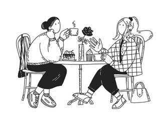 Two young women sit in cafe, drink coffee. Cute vector hand-drawn black and white illustration.