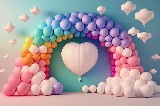 generative ai illustration, a bow made of party balloons on a turquoise wall with clouds