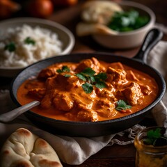 Delicious Indian butter chicken with naan bread