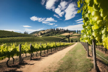 Fototapeta na wymiar Digital landscape photo of grape plantation of a dreamy winery in Tuscany. Concept of ecological environment. Generative AI