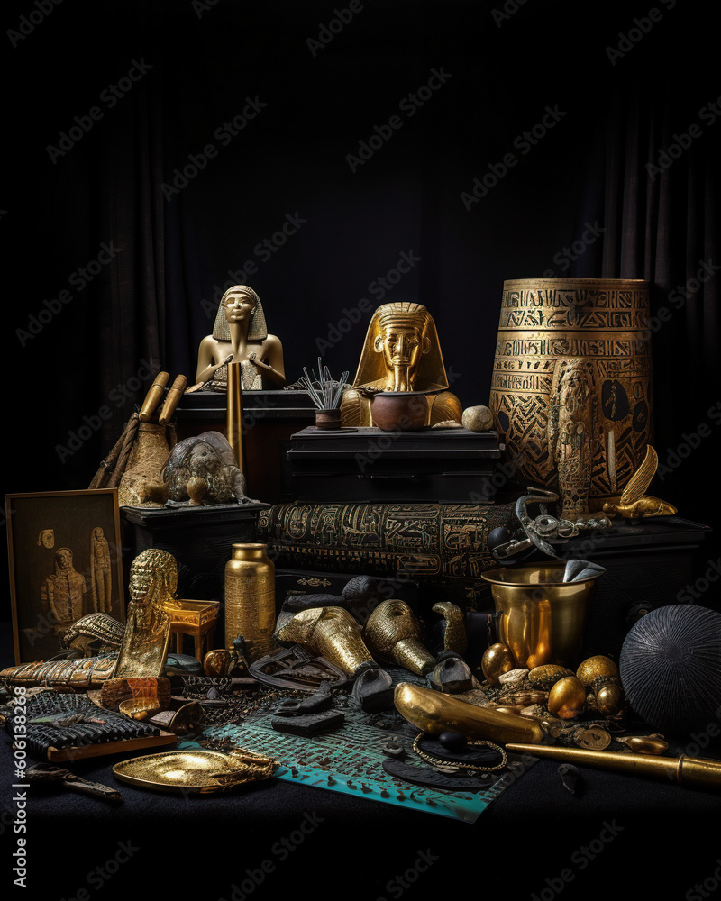 Poster a table topped with lots of gold items. ai generative image