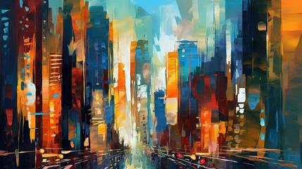 Fotobehang Aquarelschilderij wolkenkrabber Abstract city street view - grungy painting - generative AI, AI generated
