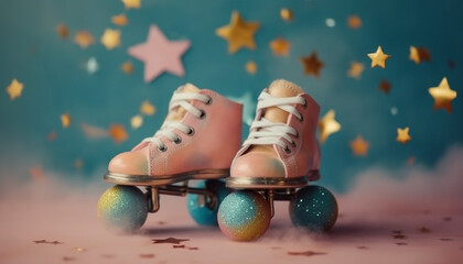 Yellow sports shoe on old fashioned roller skate generated by AI