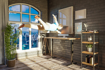 businessman floating in air gets sucked into pc display; surreal stress immersion and virtual reality concept; bright urban office with large window; 3D Illustration