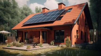 Naklejka premium Alternative green energy, solar panels on the roof top of the house. Generative AI