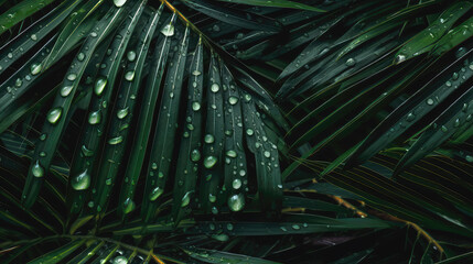 Palm leaves, green tropical pattern, leaves in drops of early dew. generative ai, generative, ai