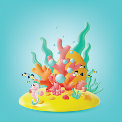 3d Color Underwater World Scene Landscape Concept Cartoon Style Include of Coral and Seaweed. Vector illustration