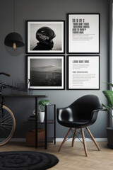 Men's room design, motorcyclist four pictures on the wall in frames, daylight dark interior. generative ai.