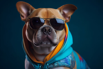 Fototapeta na wymiar Cool funny dog with a hoodie and sun glasses. Ai generated
