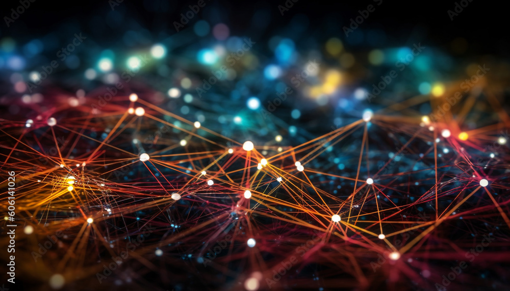 Poster glowing geometric shapes illuminate futuristic backdrop pattern generated by ai