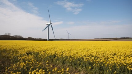 Wind turbine in a yellow flower field, Alternative energy. Generative AI