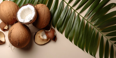 Fototapeta na wymiar Exotic Fruit Paradise: Fresh and Halved Coconut with Monstera Leaf. Top View on Soft Backdrop. AI Generated.