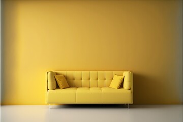 yellow couch in a yellow room, with bright spot lighting, worn dilapidated couch in an empty room. Generative AI.