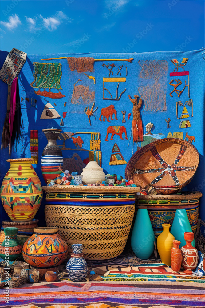 Aufkleber a collection of colorful vases and baskets on a table. ai generative image