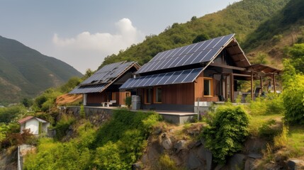Fototapeta na wymiar eco-friendly house with solar panels on the roof surrounded by green nature. Generative AI