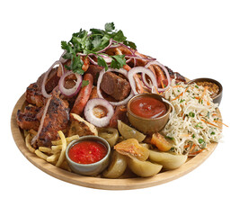 Meat plate with delicious pieces of meat, salad, ribs, grilled vegetables, potatoes and sauce on white wooden table.