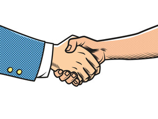 Male handshake in a comic style. Vector illustration isolated on a white background