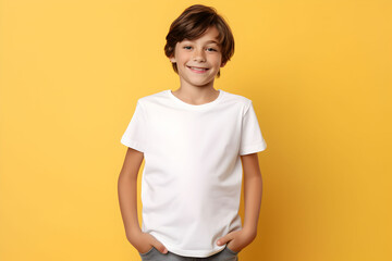 Male child, boy wearing bella canvas white shirt mockup, at yellow background. Design tshirt template, print presentation mock-up. AI generated.