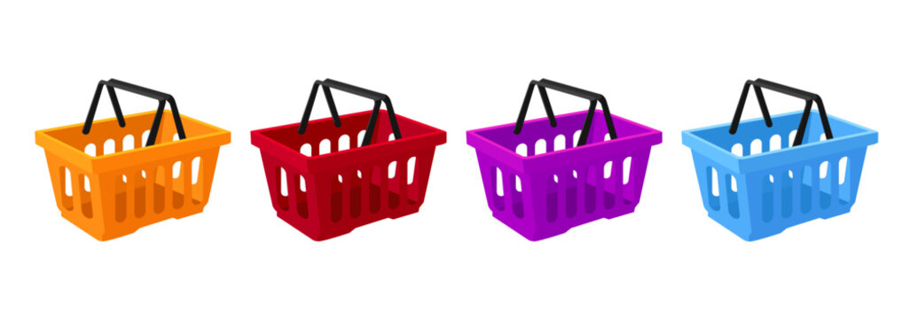 Set Of Colored Empty Plastic Baskets For Products, Goods. The Concept Of Shopping, Hypermarkets, Supermarkets, Retail.