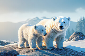 Obraz na płótnie Canvas Polar bear with baby bear on ice, generative ai