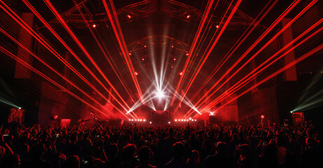 Fototapeta na wymiar Konzert mit roter Laser und Licht Show - Publikum Silhouetten 