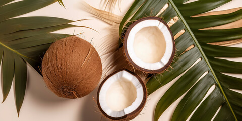 Summer fruit concept. Top view photo. Fresh and halved fruit with monstera leaf on soft color backdrop. AI Generated.