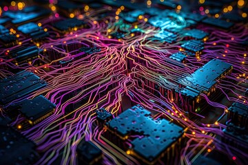 Technological Synapses. Abstract design depicting a digital circuit board symbolizing neural connections with streams of light or a microchip technology. AI