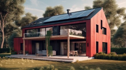 Alternative green energy, solar panels on the roof top of the house. Generative AI