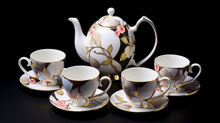 A gracefully arranged tea set with delicate porcelain cups and a teapot Generative AI