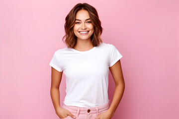 Young woman wearing bella canvas white shirt mockup, at pink background. Design tshirt template, print presentation mock-up. AI generated. - obrazy, fototapety, plakaty