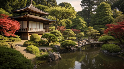 A serene Japanese garden with a traditional tea house in the background Generative AI