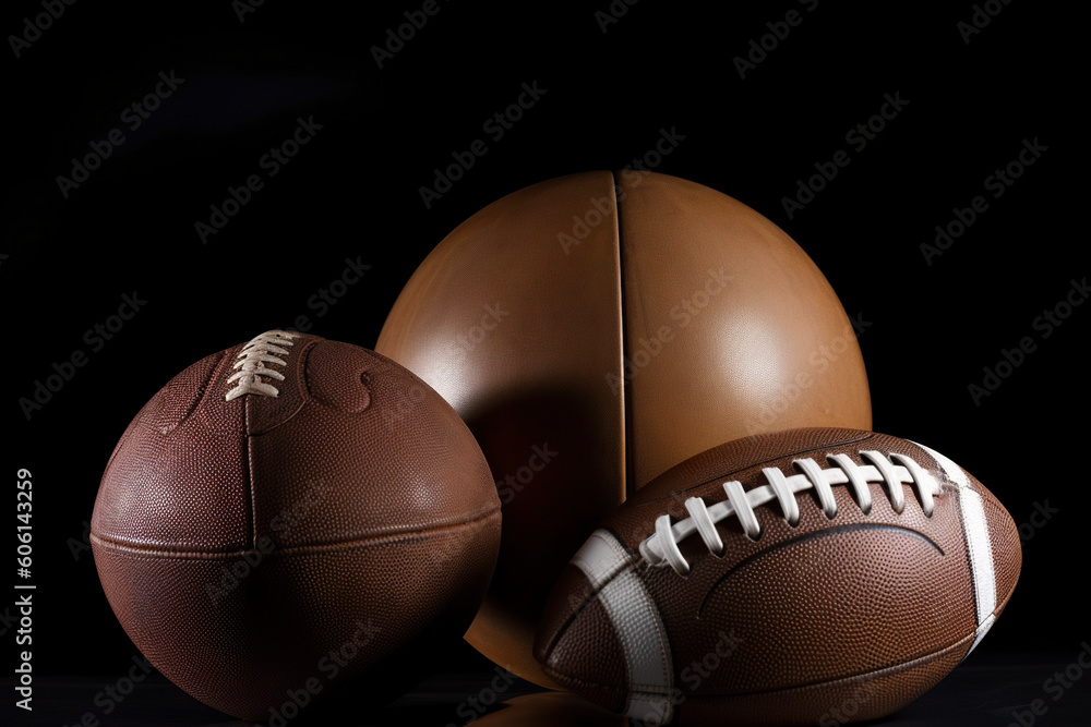 Sticker Three different types of sports balls on a black background. AI generative image