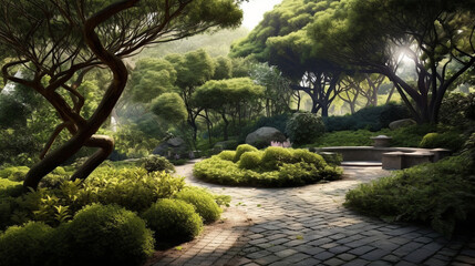 A tranquil tea garden with stone pathways and meticulously pruned shrubs Generative AI