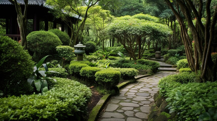 Obraz premium A tranquil tea garden with stone pathways and meticulously pruned shrubs Generative AI