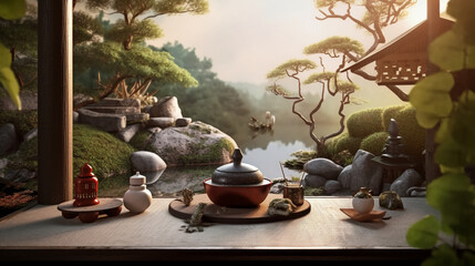 A tea ceremony set against a backdrop of a serene Zen garden Generative AI
