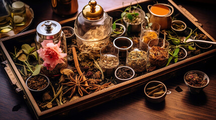 A beautifully arranged tea tray with an assortment of tea leaves and utensils Generative AI