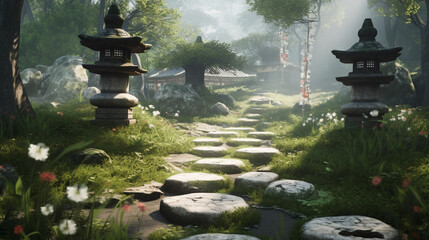 A serene tea garden with stepping stones leading to a stone lantern Generative AI