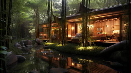 Fototapeta na wymiar A tranquil teahouse nestled in a bamboo grove Generative AI