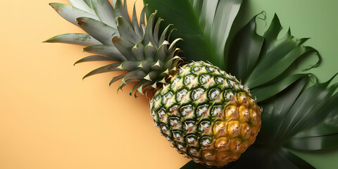 Exotic Fruit Medley: Fresh and Halved Fruits with Monstera Leaf. Top View on Soft Backdrop. AI Generated.